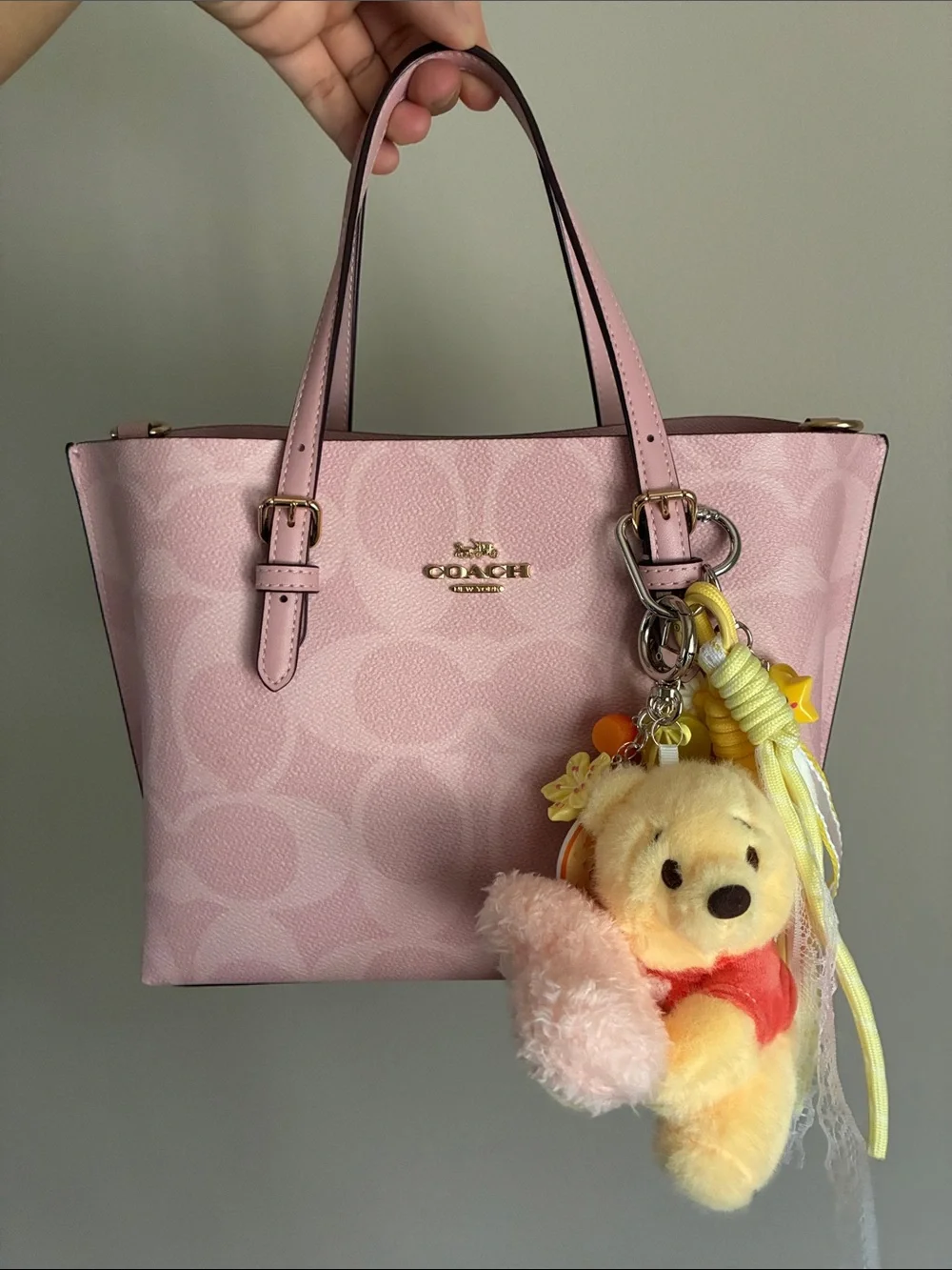 Plush Winnie The Pooh Bear Keychain Charm with Yellow Tassels and Pink Heart